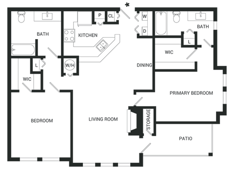 Floor plan for 2 beds, 2 baths, 1260 sqft